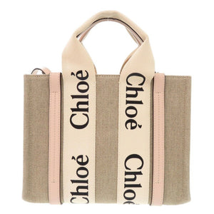 美品 クロエ WOODY スモールトートバッグ レザー/リネンキャンバス ベージュ ピンク 2wayハンドバッグ 0469【中古】Chloe
