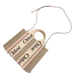 美品 クロエ WOODY スモールトートバッグ レザー/リネンキャンバス ベージュ ピンク 2wayハンドバッグ 0469【中古】Chloe