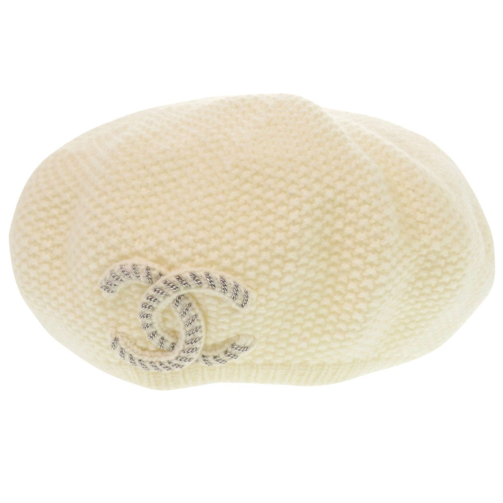 美品 シャネル ニット ベレー帽 カシミヤ ホワイト ココマーク 0696 【中古】 CHANEL レディース
