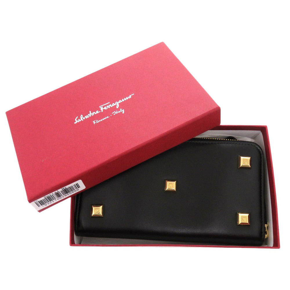 未使用品 サルヴァトーレフェラガモ ガンチーニ IY-22D572 レザー ブラック ラウンドファスナー 長財布 黒 0732【中古】Salvatore Ferragamo