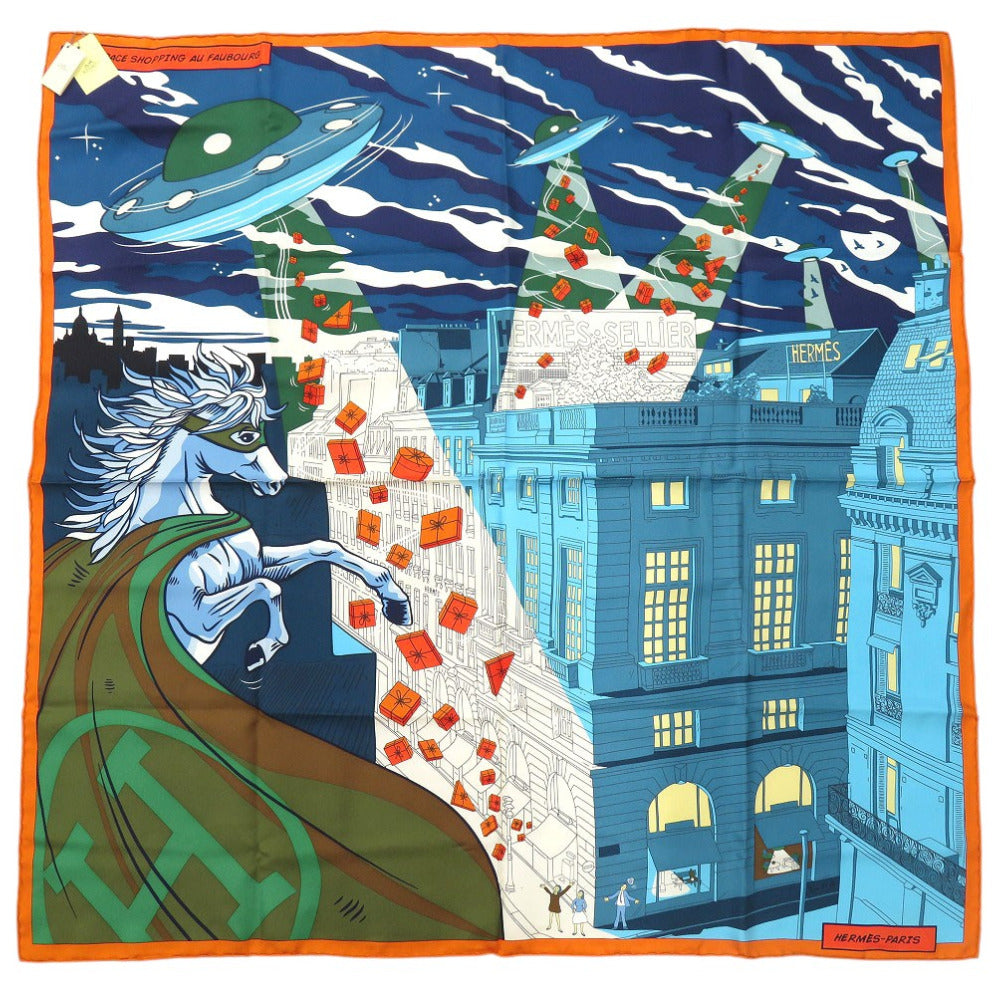 美品 エルメス カレ90 スペースショッピング Space Shopping Au Faubourg スカーフ シルク マルチカラー 0734【中古】HERMES