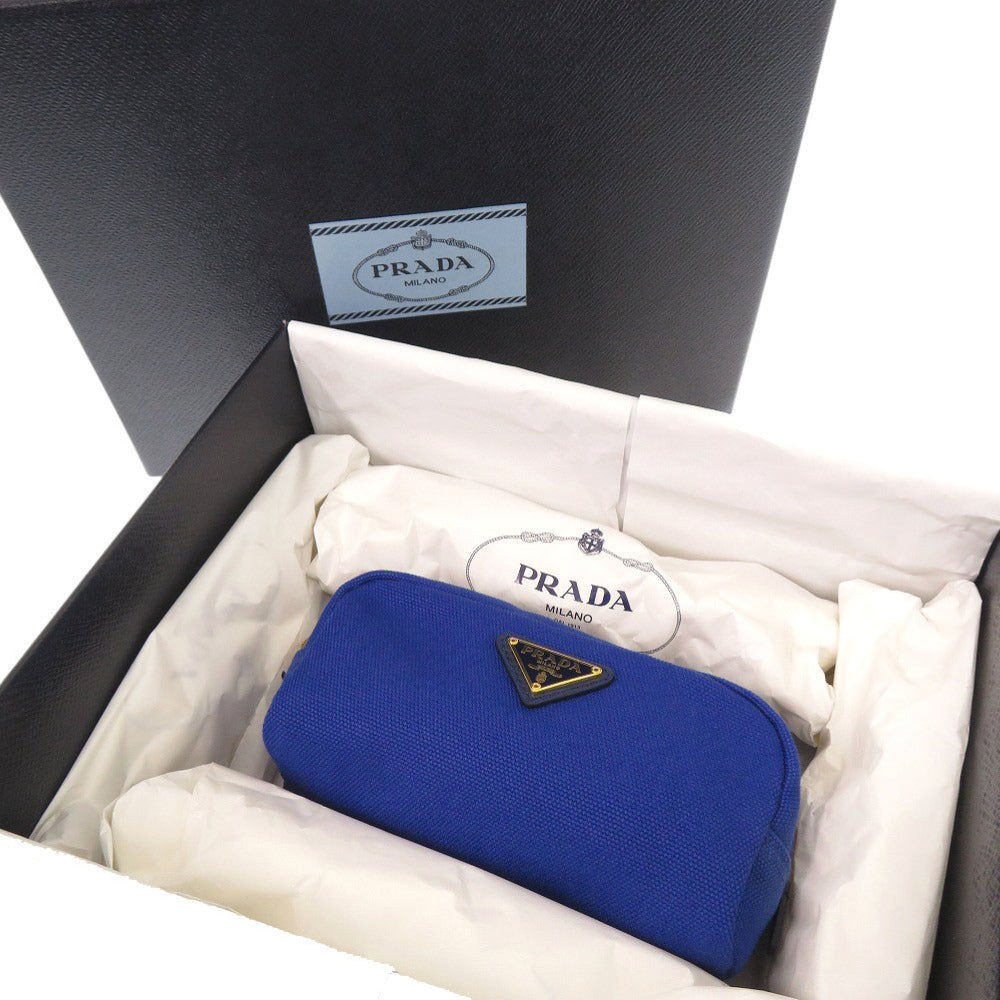美品 プラダ トライアングルロゴ 1N0175 キャンバス ブルー ポーチ 青 0742【中古】PRADA