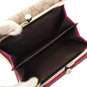 新品同様 セリーヌ マカダム柄 がま口 キャンバス ベージュ ピンク 三つ折り財布 0743【中古】CELINE