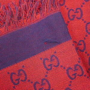 美品 グッチ GG柄 ウール レッド ネイビー ストール 0780【中古】GUCCI