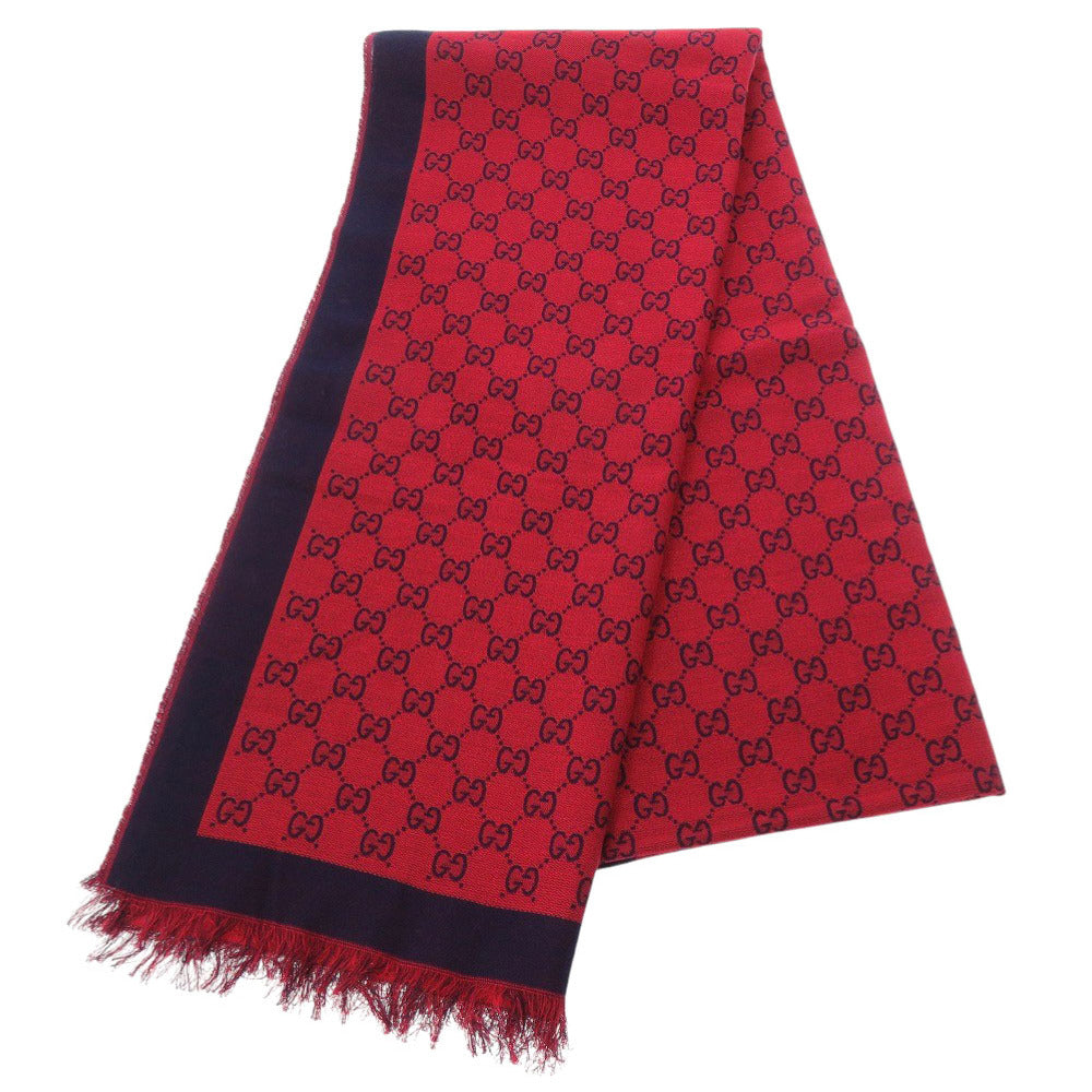美品 グッチ GG柄 ウール レッド ネイビー ストール 0780【中古】GUCCI
