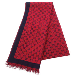 美品 グッチ GG柄 ウール レッド ネイビー ストール 0780【中古】GUCCI