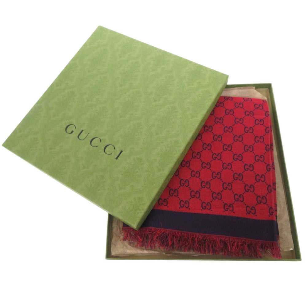 美品 グッチ GG柄 ウール レッド ネイビー ストール 0780【中古】GUCCI