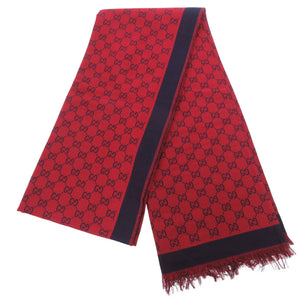 美品 グッチ GG柄 ウール レッド ネイビー ストール 0780【中古】GUCCI