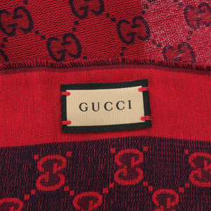 美品 グッチ GG柄 ウール レッド ネイビー ストール 0780【中古】GUCCI