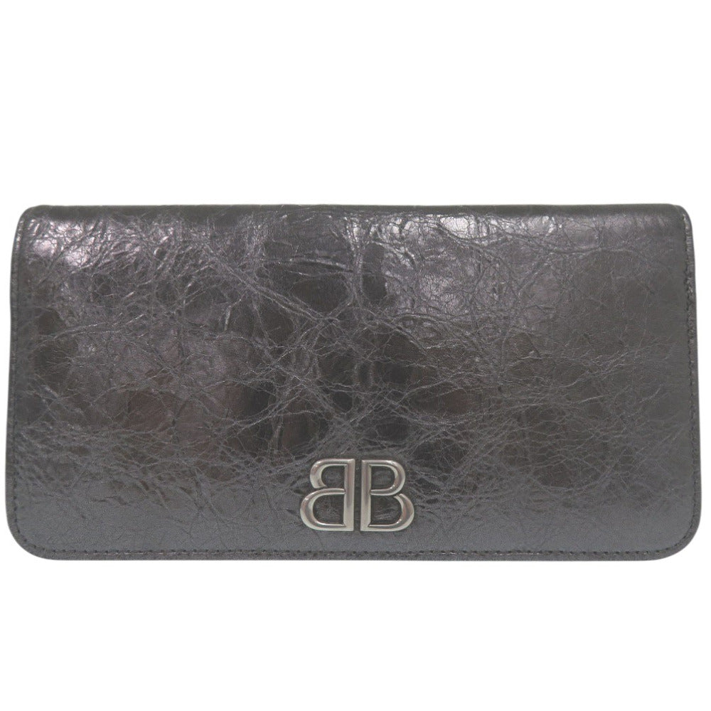 美品 バレンシアガ モナコ バーティカルウォレット アンティーク調シルバー BB ロゴ メタル MONACO 長財布 レザー ダークグレー 0825【中古】BALENCIAGA