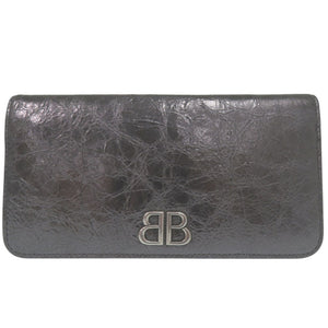 美品 バレンシアガ モナコ バーティカルウォレット アンティーク調シルバー BB ロゴ メタル MONACO 長財布 レザー ダークグレー 0825【中古】BALENCIAGA