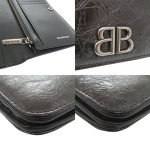 美品 バレンシアガ モナコ バーティカルウォレット アンティーク調シルバー BB ロゴ メタル MONACO 長財布 レザー ダークグレー 0825【中古】BALENCIAGA