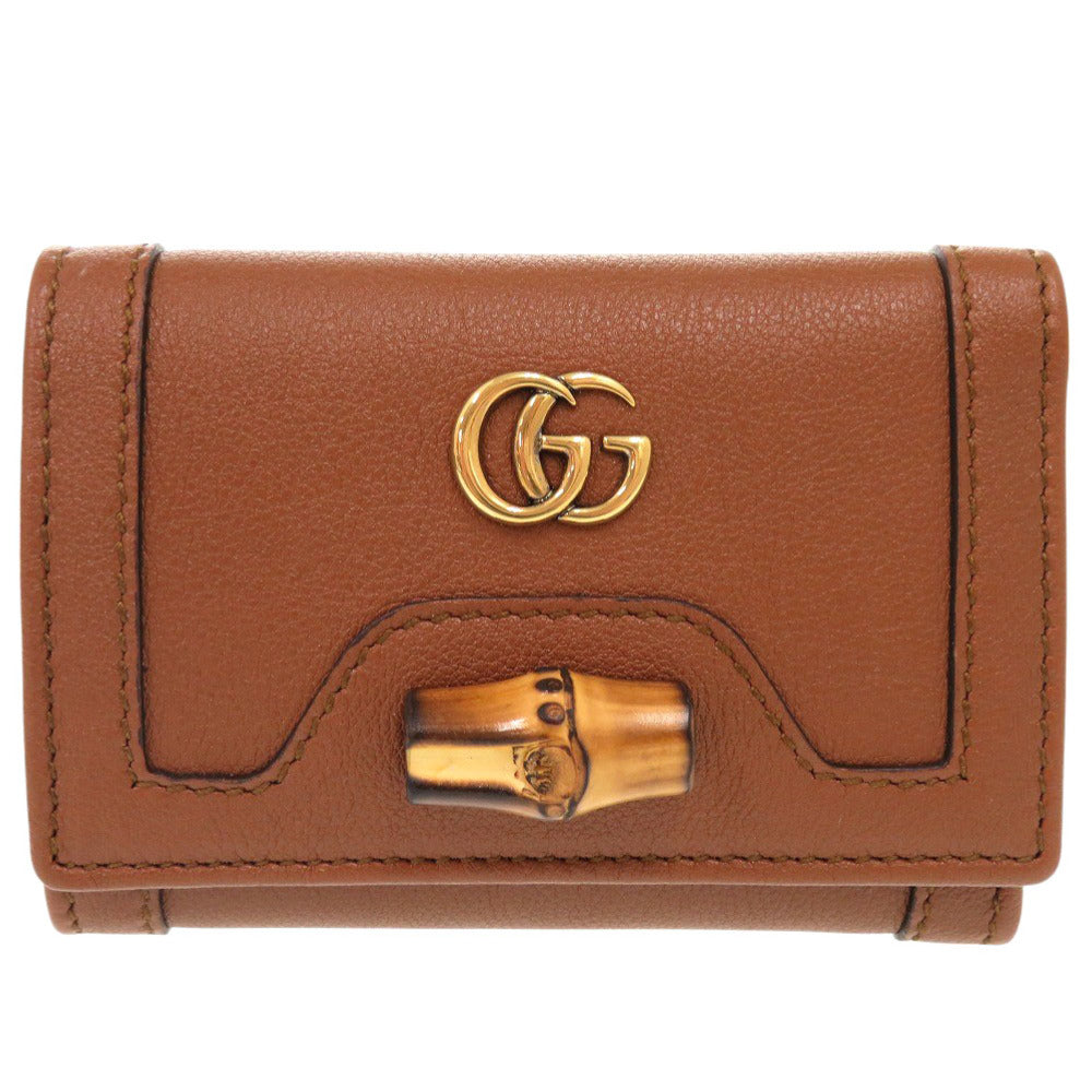 未使用品 グッチ バンブー ミディアム 658633 レザー ブラウン 三つ折り財布 茶 0828【中古】GUCCI