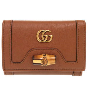 未使用品 グッチ バンブー ミディアム 658633 レザー ブラウン 三つ折り財布 茶 0828【中古】GUCCI