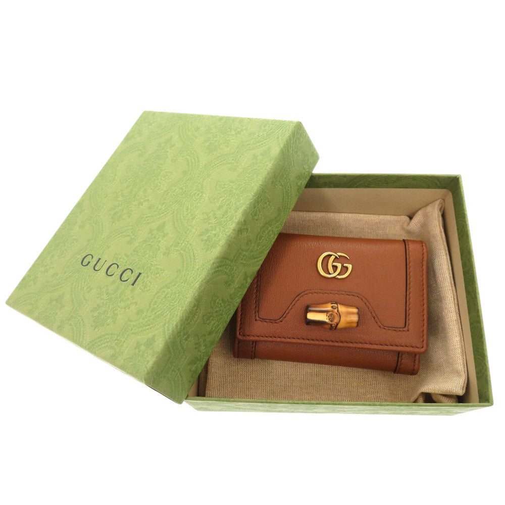 未使用品 グッチ バンブー ミディアム 658633 レザー ブラウン 三つ折り財布 茶 0828【中古】GUCCI