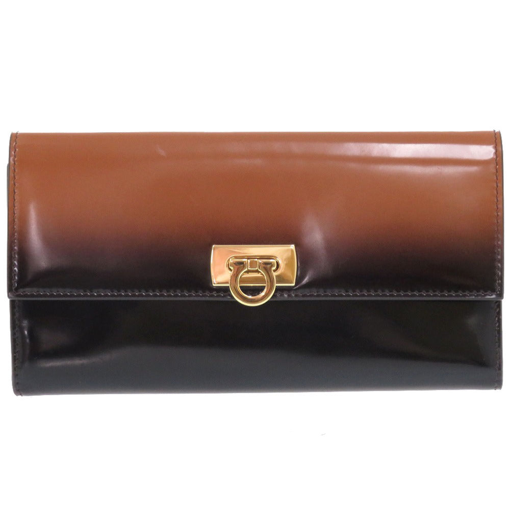 新品同様 サルヴァトーレフェラガモ ガンチーニ カーフ ブラウン 長財布 茶 0839【中古】Salvatore Ferragamo