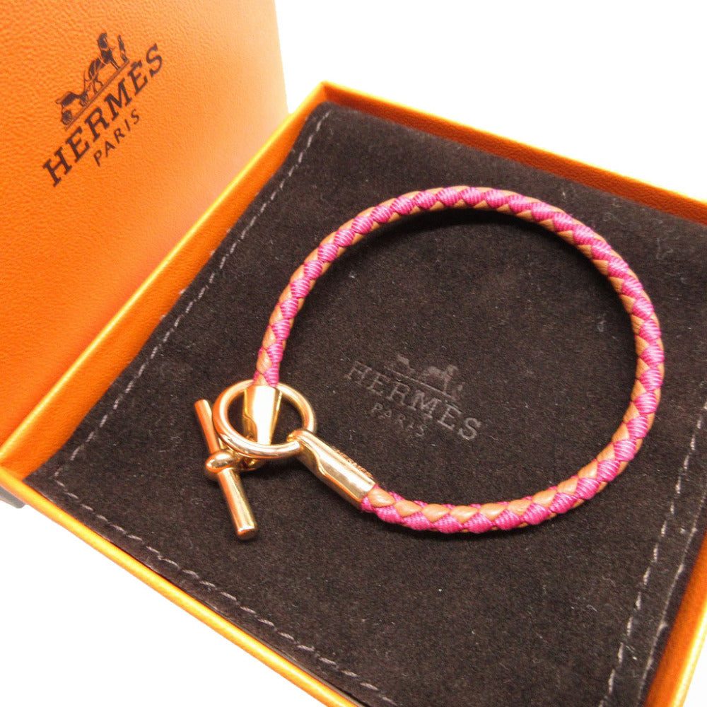 新品同様 エルメス レザー キャンバス ピンク ブラウン 茶 ブレスレット 0850【中古】HERMES