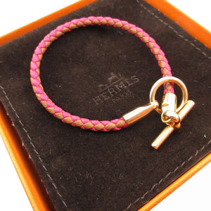 新品同様 エルメス レザー キャンバス ピンク ブラウン 茶 ブレスレット 0850【中古】HERMES