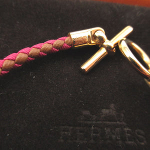 新品同様 エルメス レザー キャンバス ピンク ブラウン 茶 ブレスレット 0850【中古】HERMES