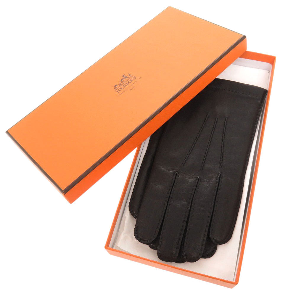 新品同様 エルメス レザー シルク ブラック サイズ8 手袋 グローブ 黒 0870【中古】HERMES メンズ