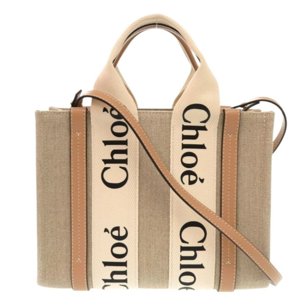 未使用 クロエ WOODY スモールトートバッグ  レザー/リネンキャンバス ホワイト ベージュ 2wayハンドバッグ 0896【中古】Chloe