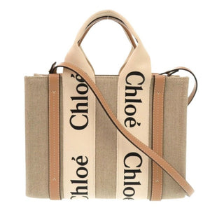 未使用 クロエ WOODY スモールトートバッグ  レザー/リネンキャンバス ホワイト ベージュ 2wayハンドバッグ 0896【中古】Chloe