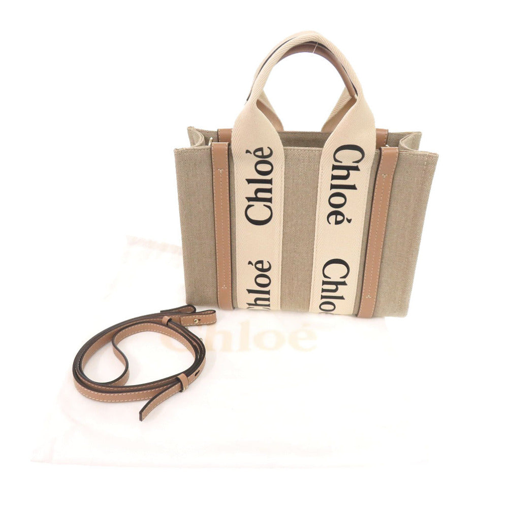 未使用 クロエ WOODY スモールトートバッグ  レザー/リネンキャンバス ホワイト ベージュ 2wayハンドバッグ 0896【中古】Chloe