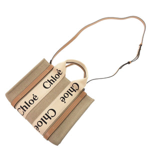 未使用 クロエ WOODY スモールトートバッグ  レザー/リネンキャンバス ホワイト ベージュ 2wayハンドバッグ 0896【中古】Chloe