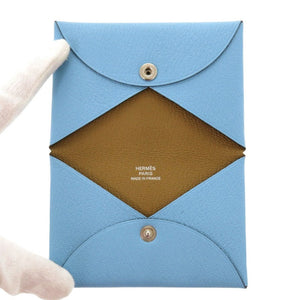 新品同様 エルメス カルヴィ シェーブル ブルーアズティック キャラメル Y刻印(2020年製) カードケース 水色 0978【中古】HERMES