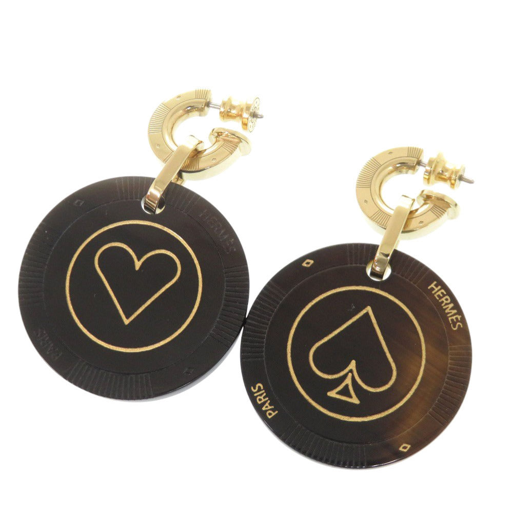 美品 エルメス フェット ヴォ ジュ ハート スペード バッファローホーン ブラック系 ゴールド ピアス 0979【中古】HERMES
