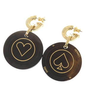 美品 エルメス フェット ヴォ ジュ ハート スペード バッファローホーン ブラック系 ゴールド ピアス 0979【中古】HERMES