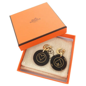 美品 エルメス フェット ヴォ ジュ ハート スペード バッファローホーン ブラック系 ゴールド ピアス 0979【中古】HERMES