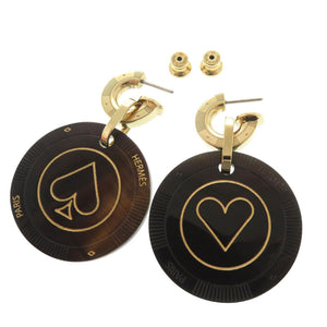 美品 エルメス フェット ヴォ ジュ ハート スペード バッファローホーン ブラック系 ゴールド ピアス 0979【中古】HERMES