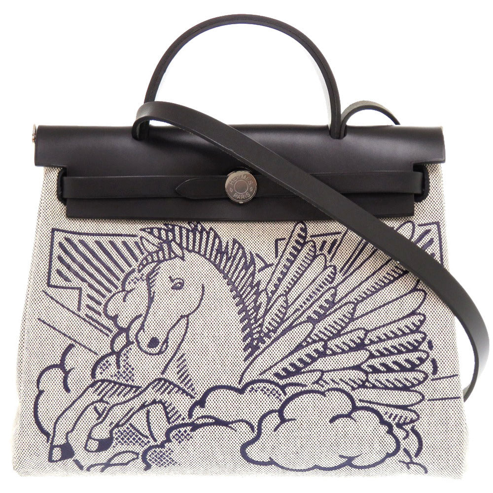 新品同様 エルメス エールバッグジップ 31 PM ペガサスポップ トワルアッシュ ヴァッシュハンター ブルーインディゴ ブラック 2WAY ハンドバッグ 1087 【中古】 HERMES