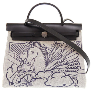 新品同様 エルメス エールバッグジップ 31 PM ペガサスポップ トワルアッシュ ヴァッシュハンター ブルーインディゴ ブラック 2WAY ハンドバッグ 1087 【中古】 HERMES