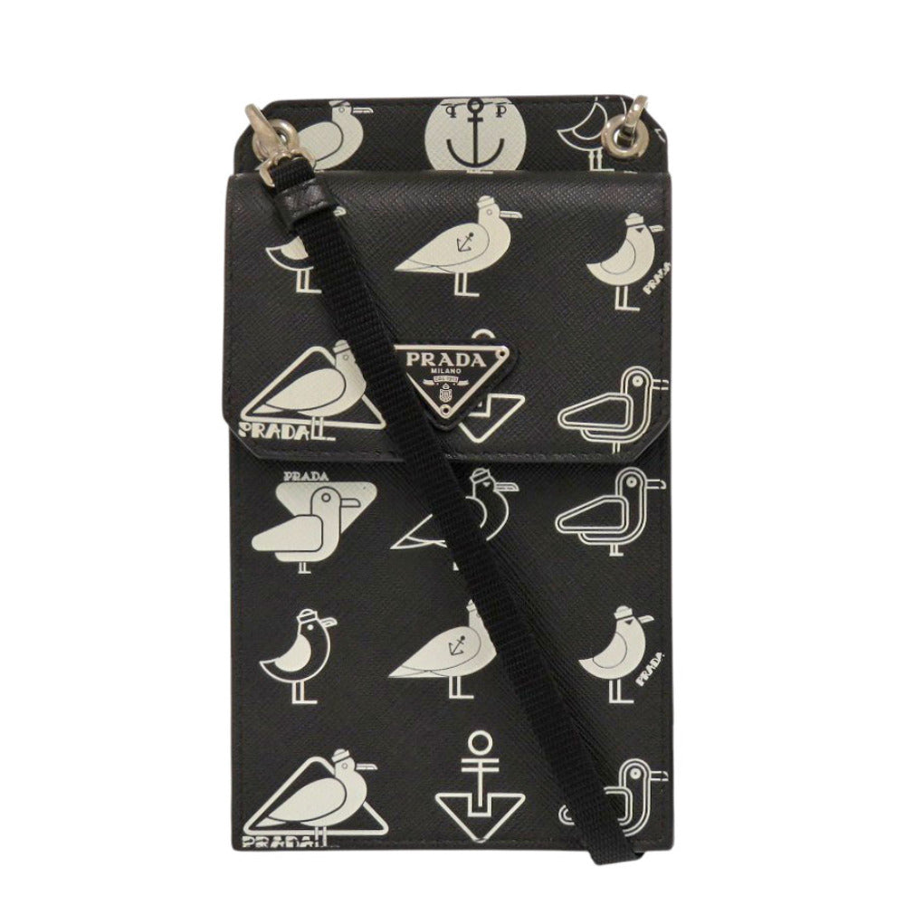 美品 プラダ スマホショルダー マリン柄 カモメ 2ZH068 サフィアーノレザー ブラック ショルダーバッグ 黒 1108【中古】PRADA