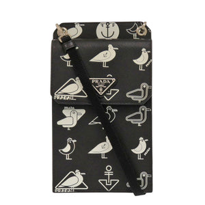 美品 プラダ スマホショルダー マリン柄 カモメ 2ZH068 サフィアーノレザー ブラック ショルダーバッグ 黒 1108【中古】PRADA