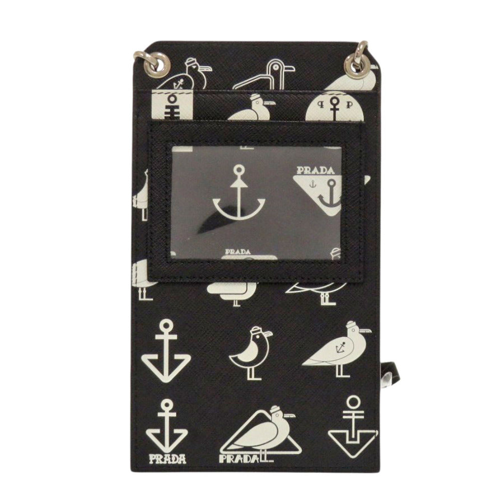 美品 プラダ スマホショルダー マリン柄 カモメ 2ZH068 サフィアーノレザー ブラック ショルダーバッグ 黒 1108【中古】PRADA
