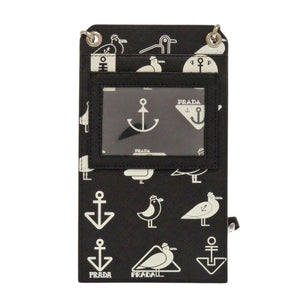 美品 プラダ スマホショルダー マリン柄 カモメ 2ZH068 サフィアーノレザー ブラック ショルダーバッグ 黒 1108【中古】PRADA