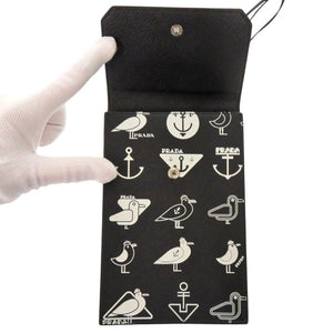 美品 プラダ スマホショルダー マリン柄 カモメ 2ZH068 サフィアーノレザー ブラック ショルダーバッグ 黒 1108【中古】PRADA