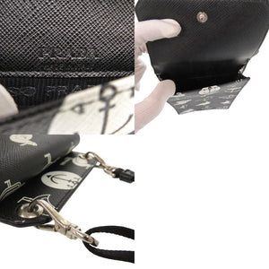 美品 プラダ スマホショルダー マリン柄 カモメ 2ZH068 サフィアーノレザー ブラック ショルダーバッグ 黒 1108【中古】PRADA