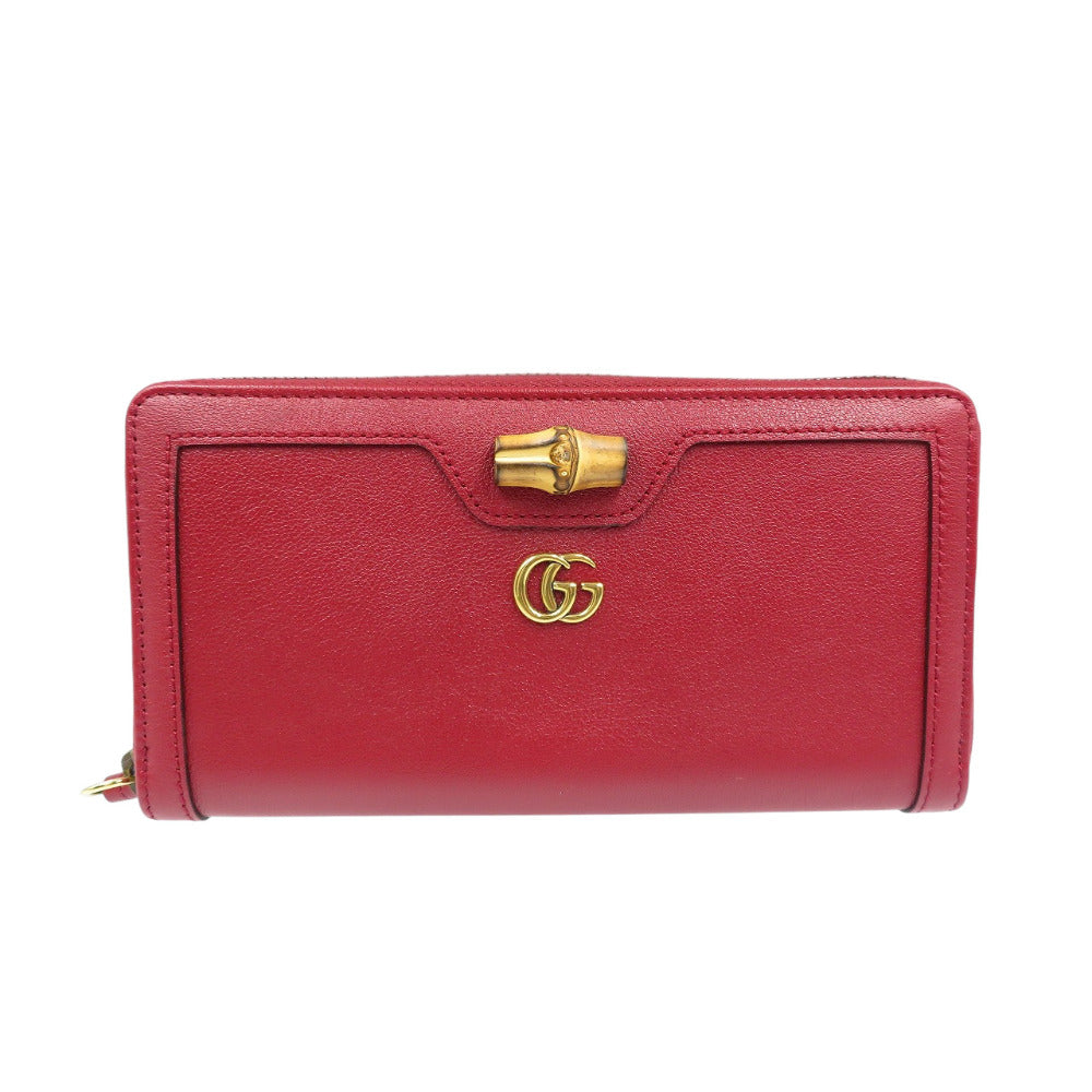 未使用 グッチ 658634 GGマーモント レザー バンブー ゴールド金具 レッド ラウンドファスナー 長財布 1290【中古】GUCCI