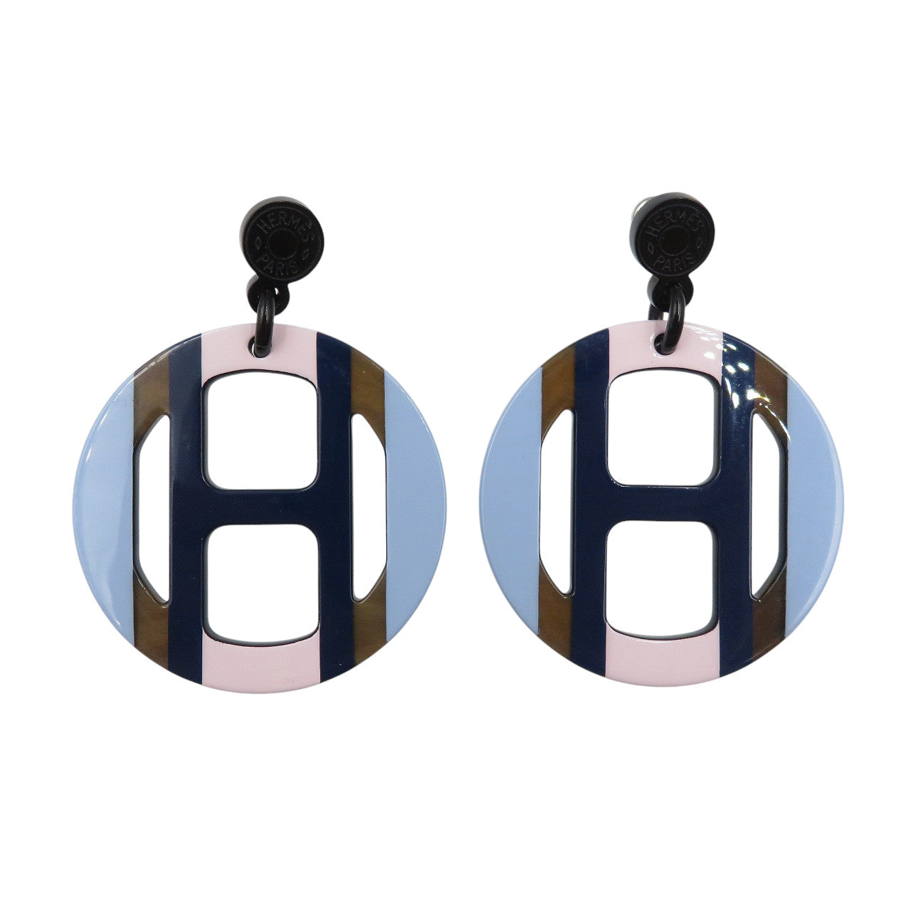 新品同様 エルメス Ｈエキップ バッファローホーン ラッカー エキューム ネイビー ピンク ピアス 1296【中古】HERMES