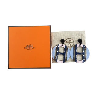 新品同様 エルメス Ｈエキップ バッファローホーン ラッカー エキューム ネイビー ピンク ピアス 1296【中古】HERMES