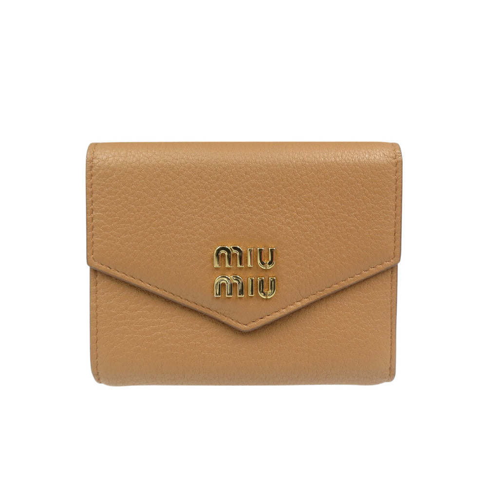 未使用 ミュウミュウ 5MH040 コンパクトウォレット レザー ゴールド金具 キャメル ブラウン 三つ折り財布 1298【中古】MIU MIU