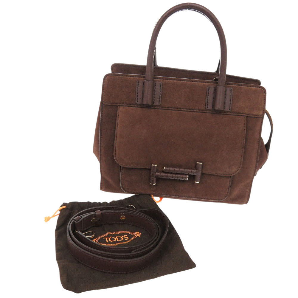 美品 トッズ ダブルT スウェード レザー ブラウン 2WAY ハンドバッグ ショルダーバッグ 茶 1307【中古】TOD’S