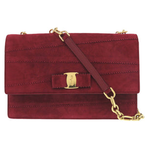 美品 サルヴァトーレフェラガモ ヴァラ リボン スエード ボルドー チェーンショルダーバッグ 1461【中古】Salvatore Ferragamo