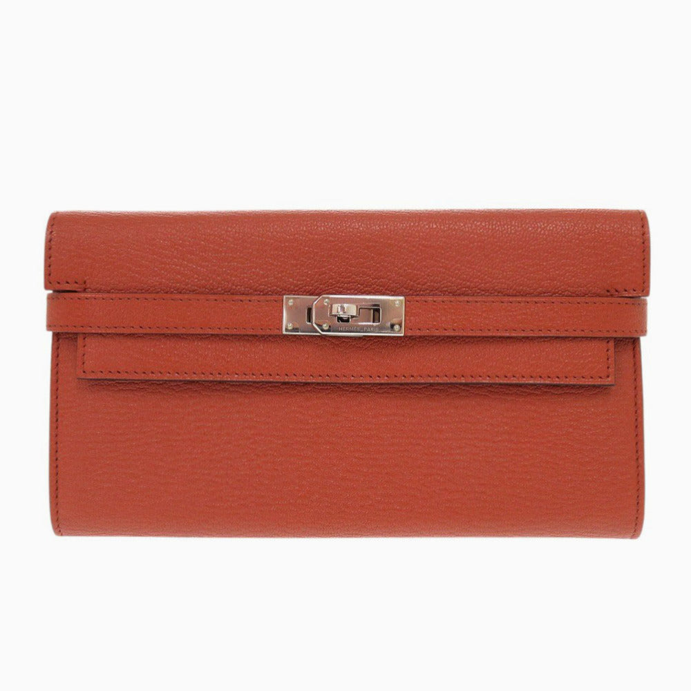 未使用 エルメス ケリーウォレット ヴォーエプソン ブリック X刻印(2016年製) シルバー金具 オレンジ 長財布 1473【中古】HERMES