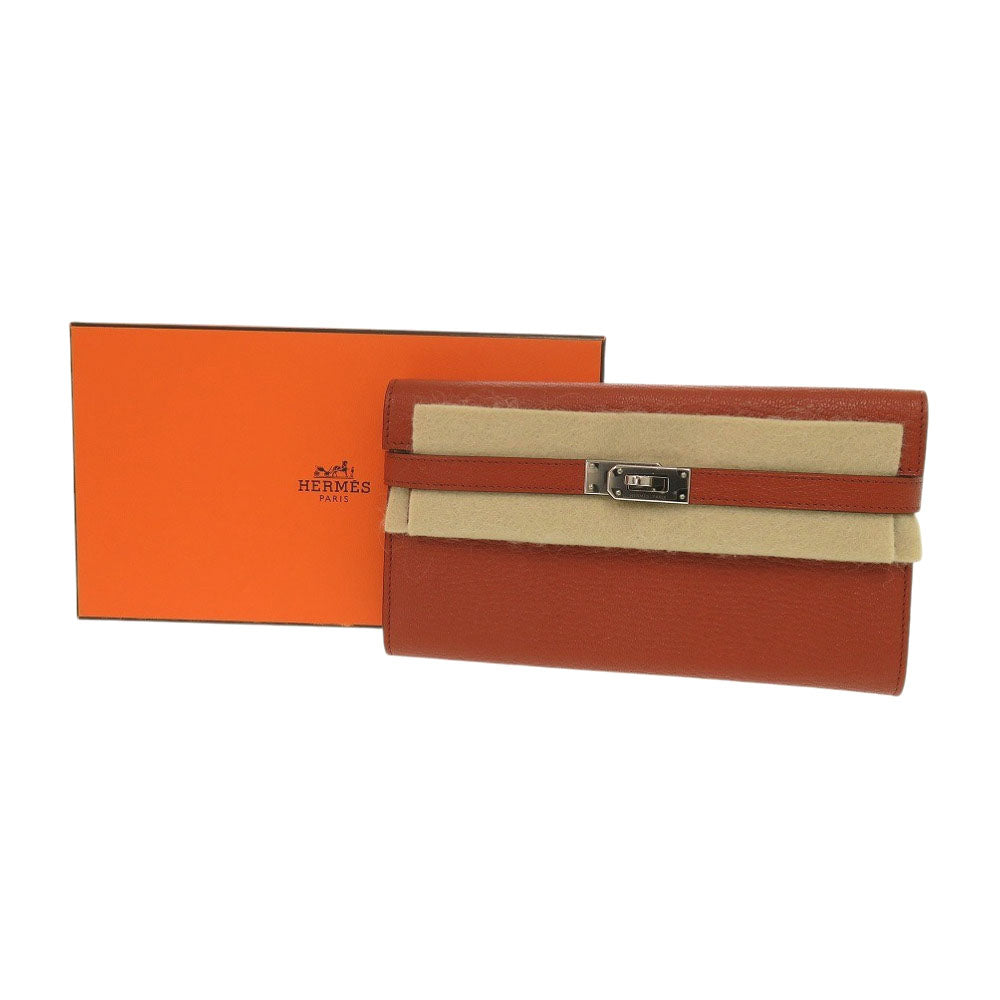 未使用 エルメス ケリーウォレット ヴォーエプソン ブリック X刻印(2016年製) シルバー金具 オレンジ 長財布 1473【中古】HERMES