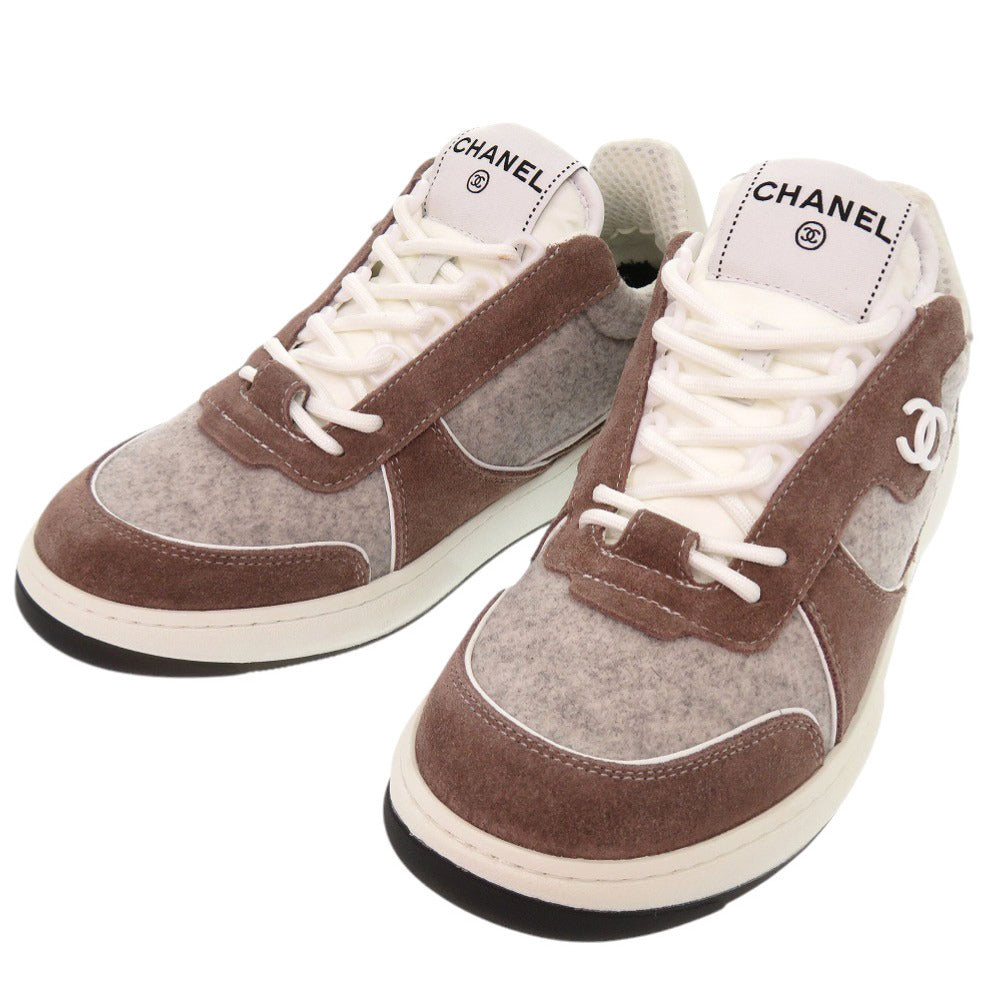 新品同様 シャネル ココマーク ウール スウェード サイズ38 ブラウン グレー スニーカー 1520【中古】CHANEL